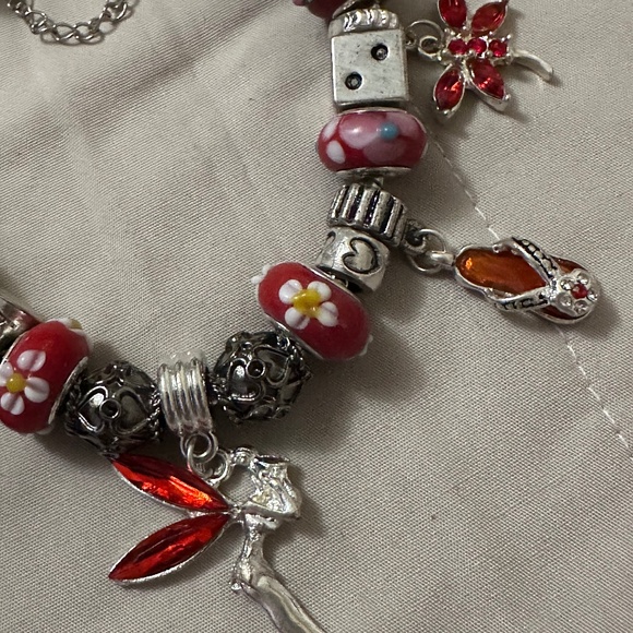 Homemade – NWOT – 925 SS plated charm bracelet, red lamp work beads, red theme - Picture 3 of 10